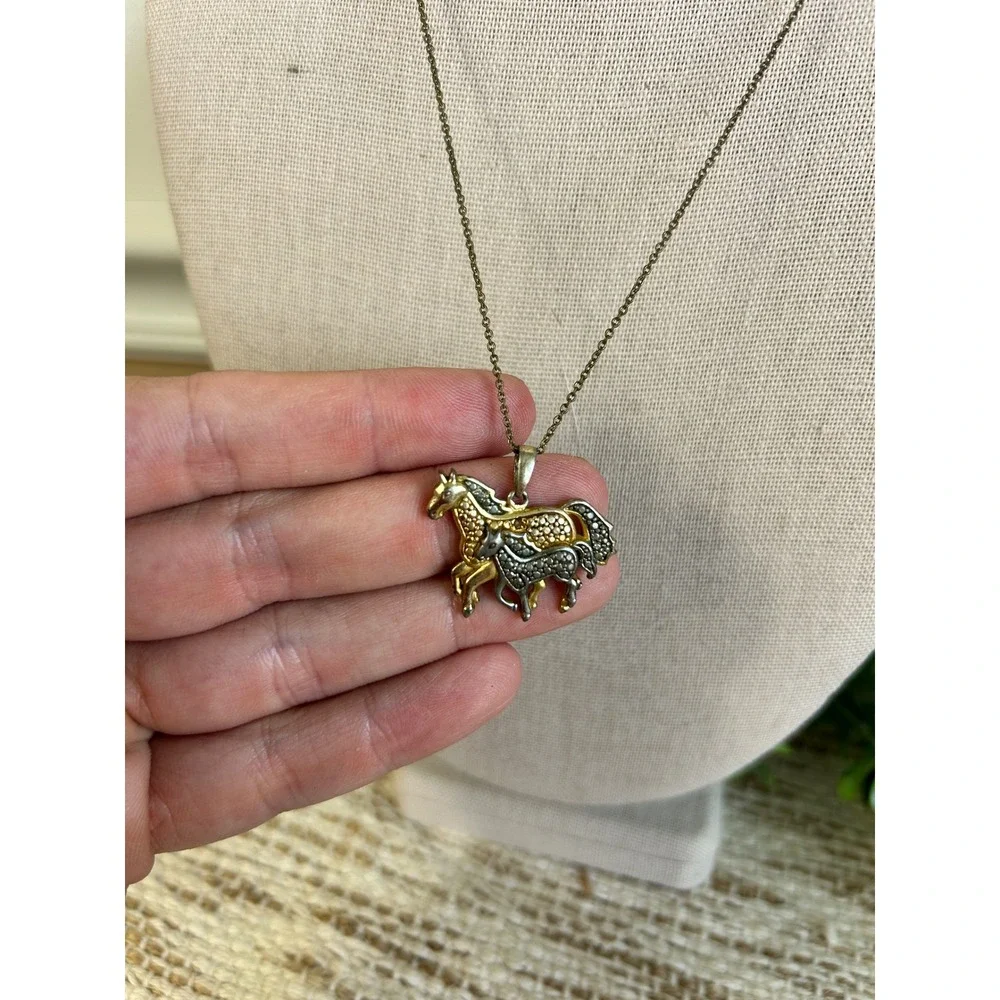 Vintage Two Tone Horse Pendant Necklace Gold Silver Equestrian Animal Jewelry
